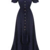 1930s Navy Blue One-Shoulder Button Long Dress 1 1930s Navy Blue One-Shoulder Button Long Dress -BUNBUN Fancy Clothing Shop SCV021584 1