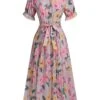 Pink 1930s Floral Bow Tie Pleated Dress -BUNBUN Fancy Clothing Shop SCV021586 1 compressed