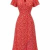 Red 1930s Floral V-Neck Added Button Dress 2 Red 1930s Floral V-Neck Added Button Dress -BUNBUN Fancy Clothing Shop SCV021587 1 compressed