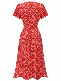 Red 1930s Floral V-Neck Added Button Dress -BUNBUN Fancy Clothing Shop SCV021587 2 compressed