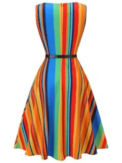 Multi 1950s Stripe Crew Dress With Belt -BUNBUN Fancy Clothing Shop SCV021697 2