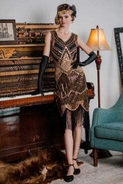 [US Warehouse] Gold 1920s Sequined Flapper Dress -BUNBUN Fancy Clothing Shop SVH034321 GO 1