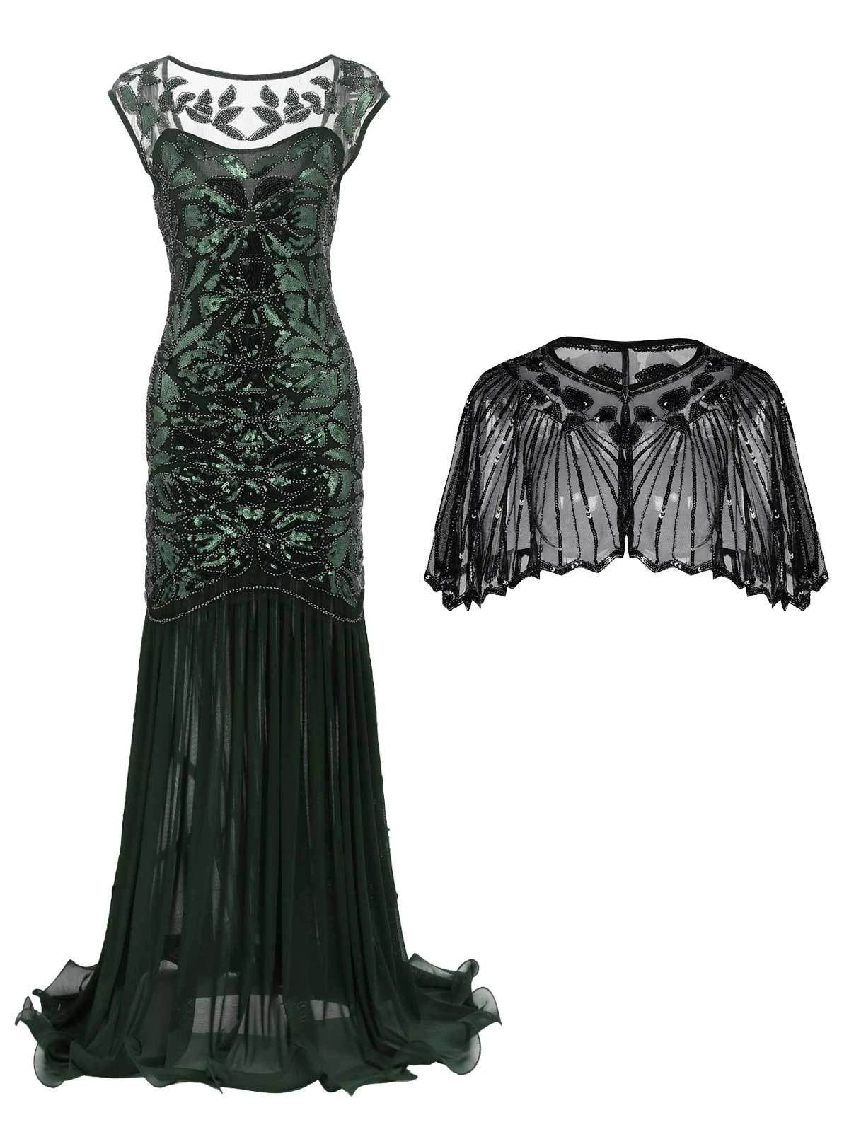 2PCS Green 1920s Flapper Dress & Black Cape 3 2PCS Green 1920s Flapper Dress & Black Cape