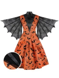 Orange Halloween Spider Sleeve Vintage Dress