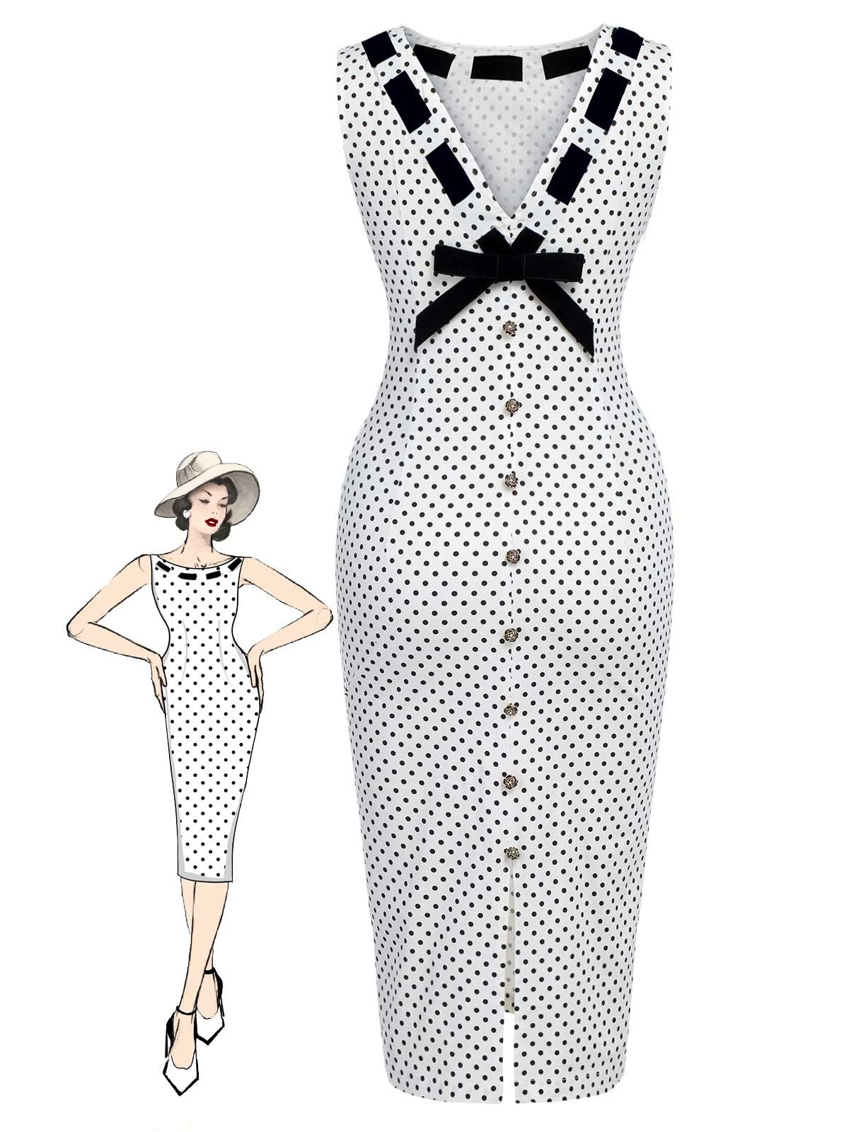 White 1960s Polka Dot Button Pencil Dress 4 White 1960s Polka Dot Button Pencil Dress - Image 2