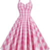 1950s Plaid Halter Swing Dress -BUNBUN Fancy Clothing Shop pink